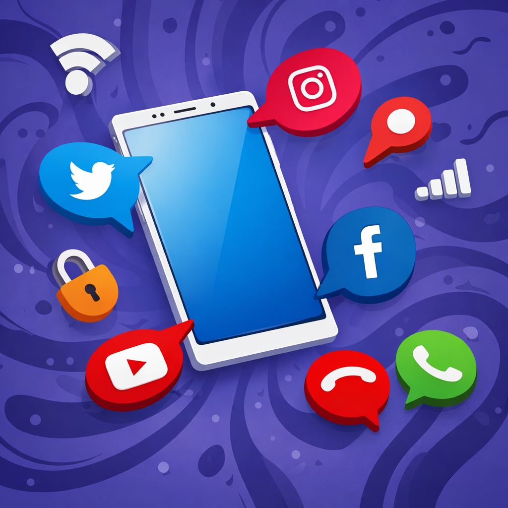 Illustration d'un smartphone représentant la communication moderne, entouré d'icône de réseaux et d'application de messageries